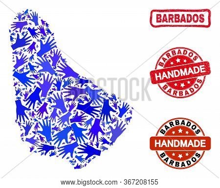 Vector Handmade Composition Of Barbados Map And Corroded Stamp Seals. Mosaic Barbados Map Is Constru