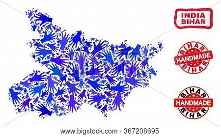 Vector Handmade Combination Of Bihar State Map And Rubber Watermarks. Mosaic Bihar State Map Is Made