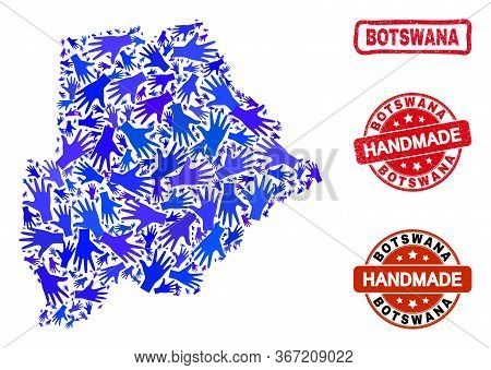Vector Handmade Collage Of Botswana Map And Rubber Stamp Seals. Mosaic Botswana Map Is Constructed W