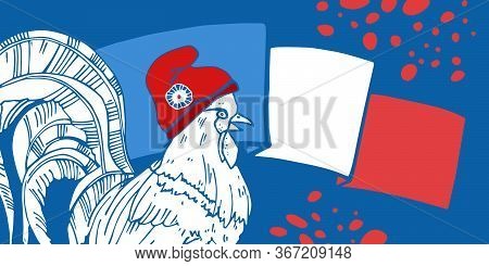 Bastille Day Design Template With Gallic Rooster And National Flag Of France. Hand Drawn Vector Sket