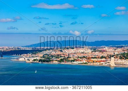 Lisbon Cityscape Aerial Panoramic View. Lisbon Or Lisboa Is The Capital And The Largest City Of Port