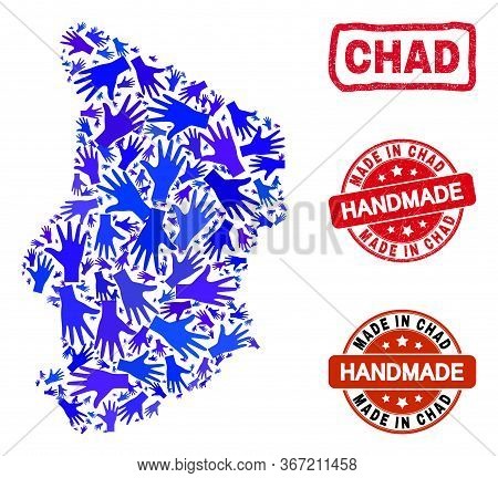 Vector Handmade Collage Of Chad Map And Corroded Seals. Mosaic Chad Map Is Made With Random Blue Han