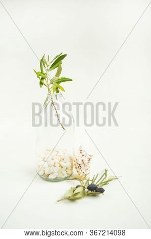 An Olive Branch In A Vintage Glass Bottle On White Wall Background And A Handmade Olive Soap Bar.