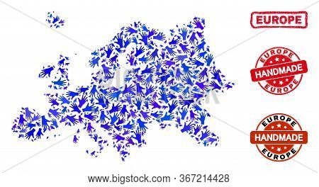 Vector Handmade Composition Of Europe Map And Grunge Stamp Seals. Mosaic Europe Map Is Composed Of S