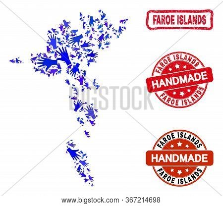 Vector Handmade Combination Of Faroe Islands Map And Rubber Stamps. Mosaic Faroe Islands Map Is Crea
