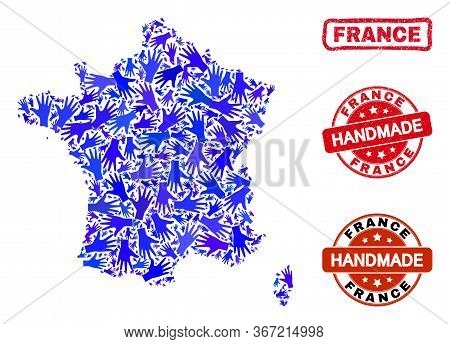Vector Handmade Composition Of France Map And Rubber Stamp Seals. Mosaic France Map Is Formed Of Ran