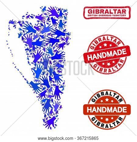 Vector Handmade Collage Of Gibraltar Map And Corroded Stamps. Mosaic Gibraltar Map Is Constructed Of