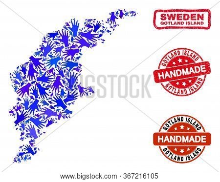 Vector Handmade Composition Of Gotland Island Map And Rubber Stamp Seals. Mosaic Gotland Island Map 