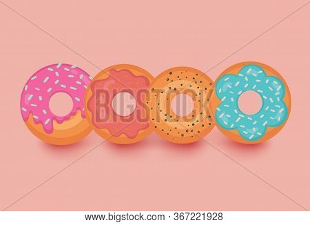 Donut Vector Set Isolated On Light Orange Background With Shadows. Donuts Collection. Sweet Bakery C