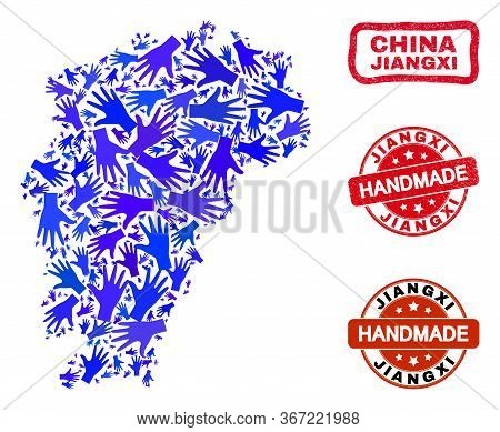 Vector Handmade Collage Of Jiangxi Province Map And Grunge Watermarks. Mosaic Jiangxi Province Map I
