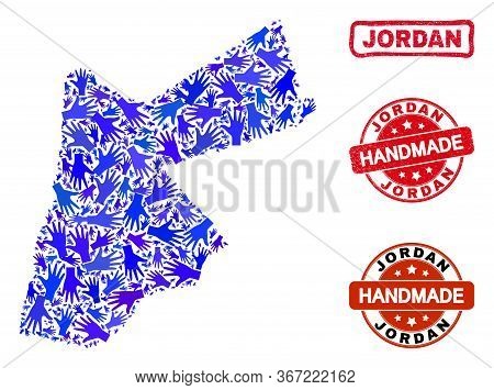 Vector Handmade Collage Of Jordan Map And Scratched Watermarks. Mosaic Jordan Map Is Constructed Wit