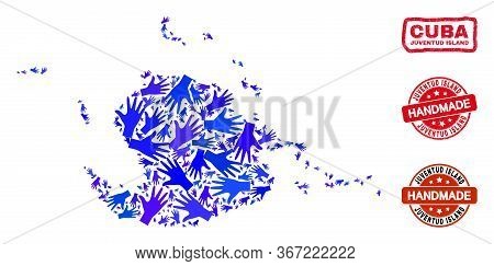 Vector Handmade Combination Of Juventud Island Map And Scratched Stamp Seals. Mosaic Juventud Island