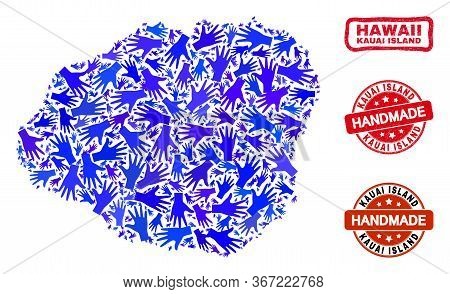 Vector Handmade Composition Of Kauai Island Map And Dirty Stamp Seals. Mosaic Kauai Island Map Is Ma