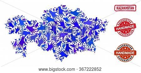 Vector Handmade Combination Of Kazakhstan Map And Rubber Seals. Mosaic Kazakhstan Map Is Made Of Ran
