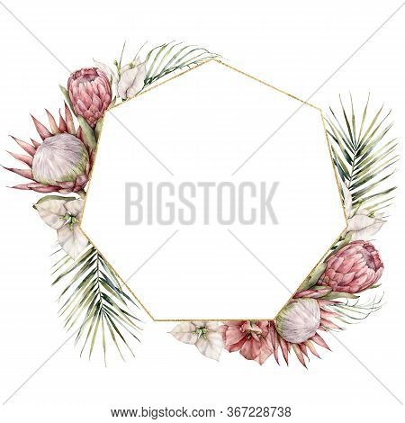 Watercolor Golden Frame With Protea And Hibiscus. Hand Painted Tropical Card With Palm Leaves And Fl