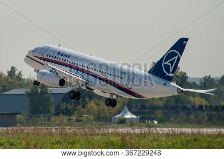 August 30, 2019. Zhukovsky, Russia. Russian Short-range Narrow-body Passenger Aircraft  Sukhoi Super