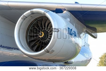August 30, 2019 Zhukovsky, Russia. Russian Advanced Civil Turbofan Aircraft Engine Pd-14 Under Devel