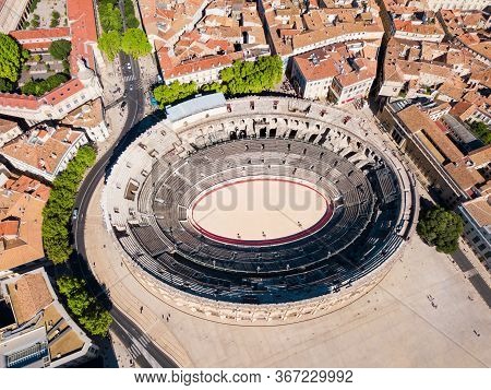 Nimes Arena Aerial Panoramic View. Nimes Is A City In The Occitanie Region Of Southern France