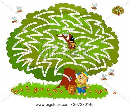 Logical Puzzle Game With Labyrinth For Children And Adults. Help The Bear Find The Hollow With Honey