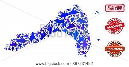 Vector Handmade Composition Of Koh Lipe Map And Rubber Seals. Mosaic Koh Lipe Map Is Made With Scatt