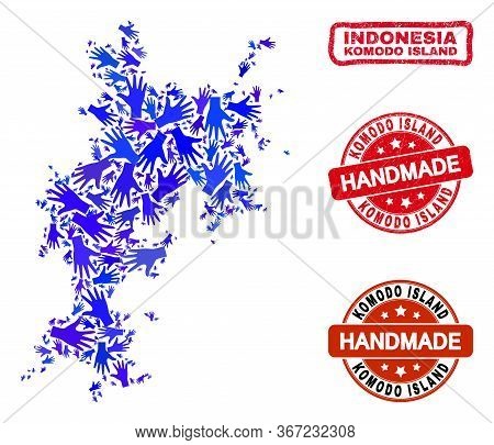Vector Handmade Composition Of Komodo Island Map And Rubber Stamp Seals. Mosaic Komodo Island Map Is