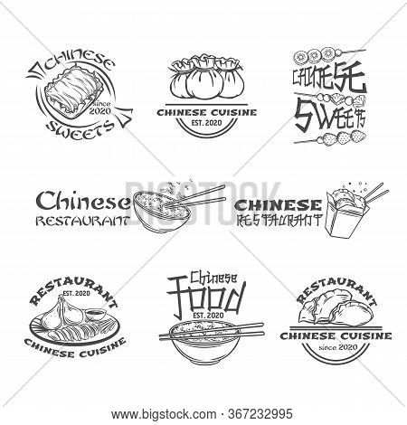 Chinese Cuisine Outline Labels Set. Asian Food Engraved Badges Vector Illustration. Peking Duck, Dum