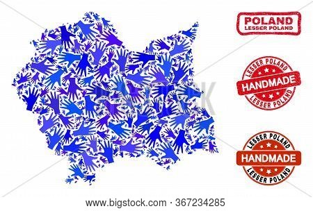 Vector Handmade Combination Of Lesser Poland Voivodeship Map And Rubber Watermarks. Mosaic Lesser Po