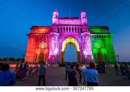 Mumbai, India - February 21, 2014: Gateway Of India At Night. Gateway Of India Is An Arch Monument I