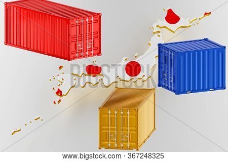3d Map Of Japan. Freight Shipping In Containers. Export From The Country In Containers. 3d Rendering