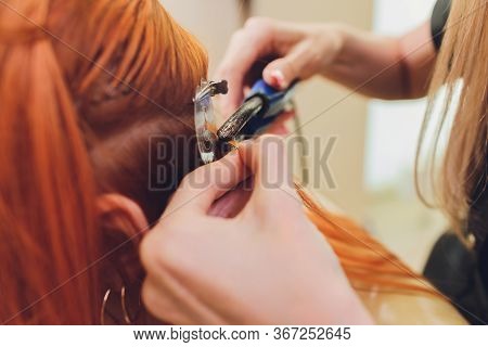 Hair Salon, Beauty Spa. Procedure Of Hair Extensions.