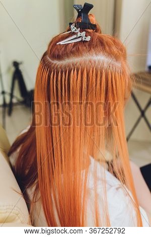 Hair Salon, Beauty Spa. Procedure Of Hair Extensions.