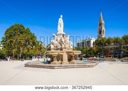 Nimes, France - September 22, 2018: Pradier Fountain At The Esplanade Charles De Gaulle Park In Nime