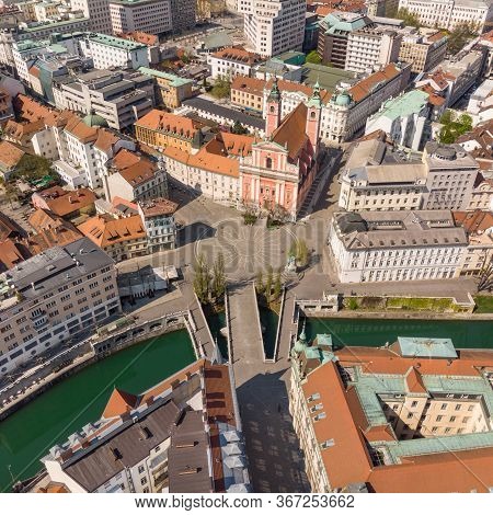 Aerial Drone View Of Preseren Squere And Triple Bridge Over Ljubljanica River, Tromostovje, Ljubljan