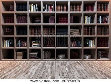 Modern Library Design, Wooden Bookshelf With Wooden Parquet Realistic 3d Rendering
