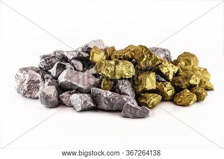 Gold And Silver Nuggets Heaped, Pile Of Precious Stones. Wealth Or Fortune Concept.