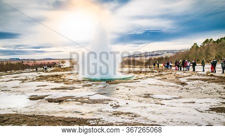 Strokkur, Iceland- Feb 21, 2020:  Icelandic Geyser Strokkur. Great tourist attraction on Golgen Circle Iceland.