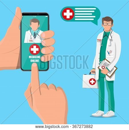 Mobile Phone With Telemedicine App. Pills And Bottles, Medicine Online. Medical Assistance, Help, Su