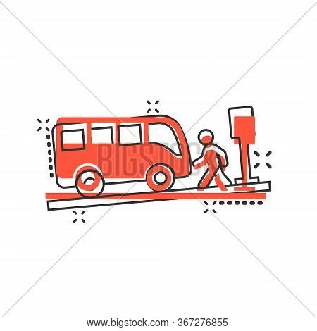 Bus Station Icon In Comic Style. Auto Stop Cartoon Vector Illustration On White Isolated Background.
