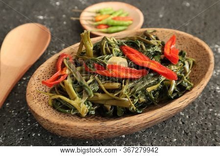 Stir Fried Water Spinach Or Cah Kangkung. Traditional Asian Indonesian Food, Cooked Veggies, Spicy V