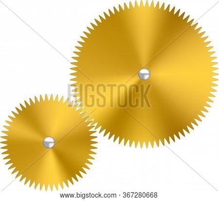 Two Gold Metallic Watch Gears Or Cogs With Reflects.