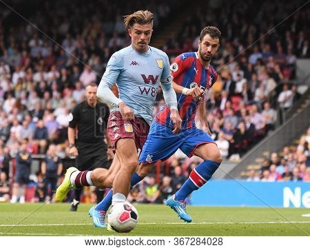 London, England - August 31, 2019: Jack Grealish Of Villa (l) And Luka Milivojevic Of Palace (r) Pic