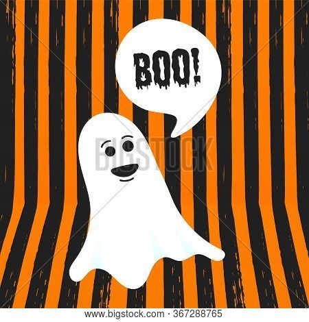 Boo Ghost Halloween Message Concept. Flying Halloween Funny Spooky Ghost Character Say Boo With Text