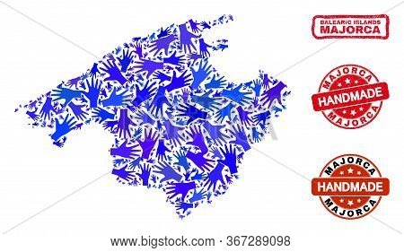 Vector Handmade Collage Of Majorca Map And Rubber Stamps. Mosaic Majorca Map Is Organized With Scatt