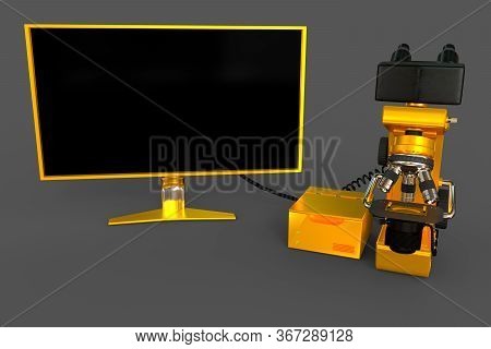 Gold Electronic Microscope, Cpu Block And Blank Display Isolated, Photorealistic 3d Illustration Of 