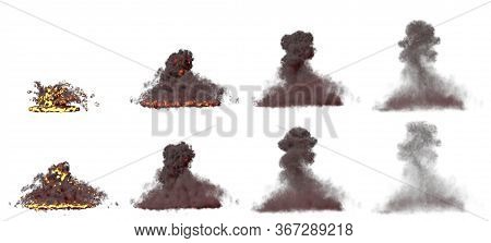 Many Images Of Large Missile Blast Mushroom Cloud With Fire And Smoke Isolated On White Background -