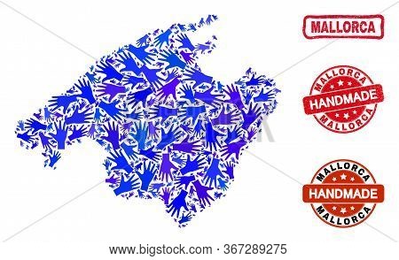 Vector Handmade Composition Of Mallorca Map And Rubber Stamp Seals. Mosaic Mallorca Map Is Designed 