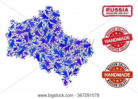 Vector Handmade Combination Of Moscow Region Map And Rubber Watermarks. Mosaic Moscow Region Map Is 
