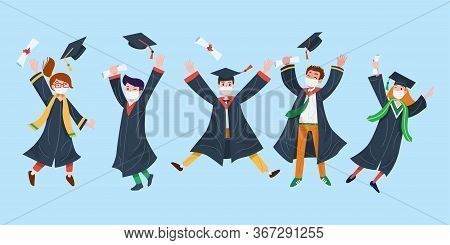 Flat Design, College Students Wearing Face Masks Celebrate Graduation. Vector