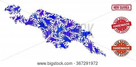 Vector Handmade Collage Of New Guinea Map And Grunge Seals. Mosaic New Guinea Map Is Created Of Rand
