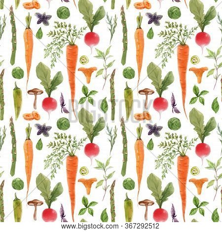 Beautiful Vector Seamless Pattern With Watercolor Hand Drawn Vegetables. Stock Illustration. Healthy